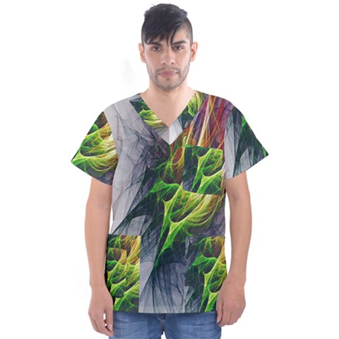 Fractal Art Paint Pattern Texture Men s V-neck Scrub Top by Sudhe