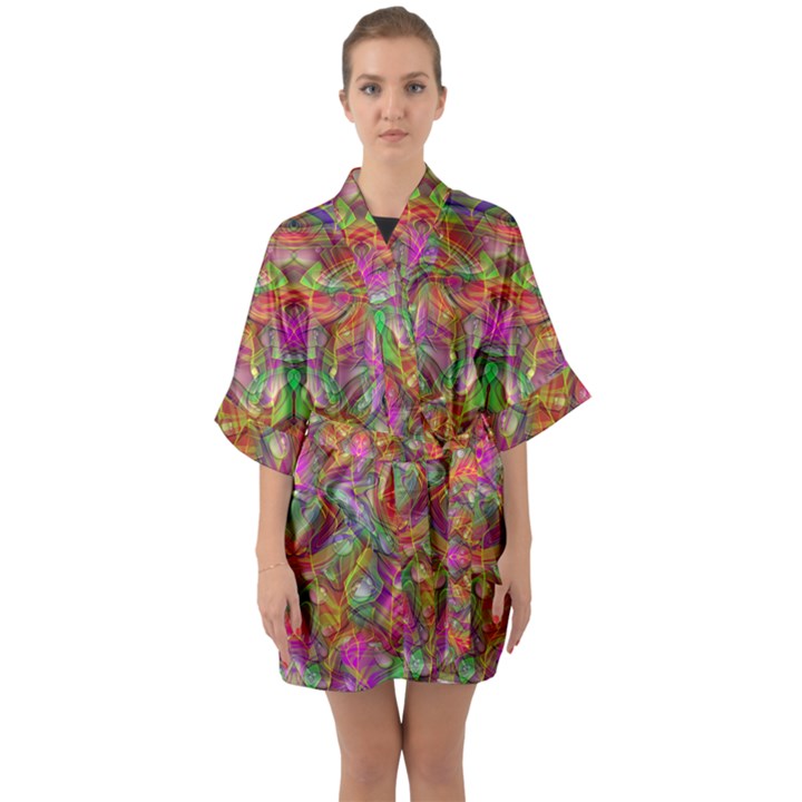 Background Psychedelic Colorful Quarter Sleeve Kimono Robe