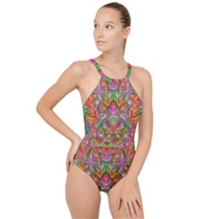 Background Psychedelic Colorful High Neck One Piece Swimsuit by Sudhe