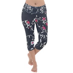 Black And White Floral Pattern Background Lightweight Velour Capri Yoga Leggings by Sudhe