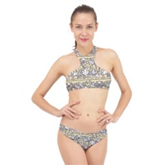 Floral Pattern Background High Neck Bikini Set by Sudhe