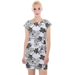 Black And White Floral Pattern Background Cap Sleeve Bodycon Dress