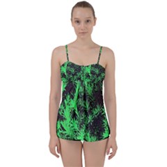 Green Etched Background Babydoll Tankini Set