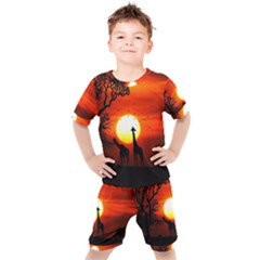 Animals Birds Dawn Giraffe Kids  Tee And Shorts Set by Sudhe