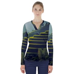 Scenic View Of Rice Paddy V-neck Long Sleeve Top by Sudhe