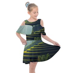 Scenic View Of Rice Paddy Kids  Shoulder Cutout Chiffon Dress by Sudhe