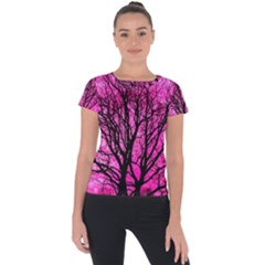 Pink Silhouette Tree Short Sleeve Sports Top 