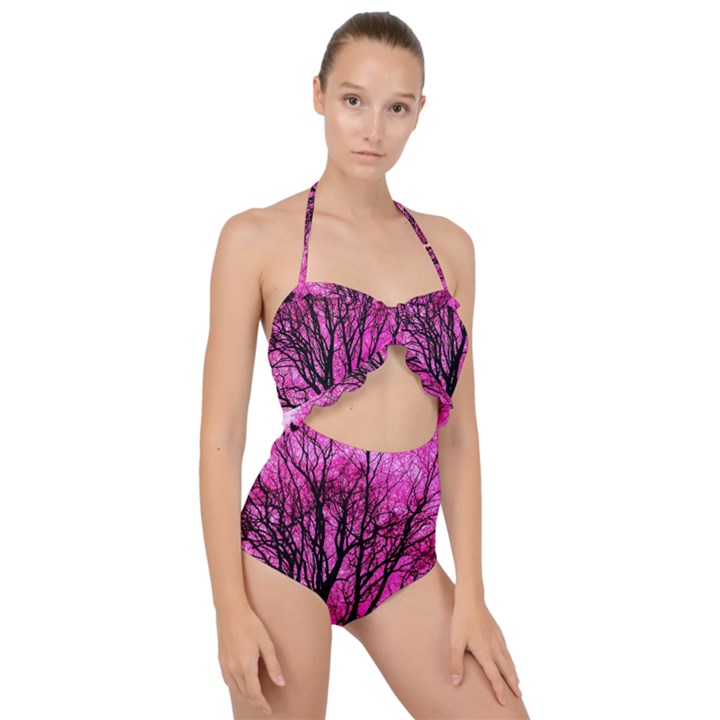 Pink Silhouette Tree Scallop Top Cut Out Swimsuit