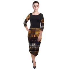 Budapest Buda Castle Building Scape Quarter Sleeve Midi Velour Bodycon Dress by Sudhe