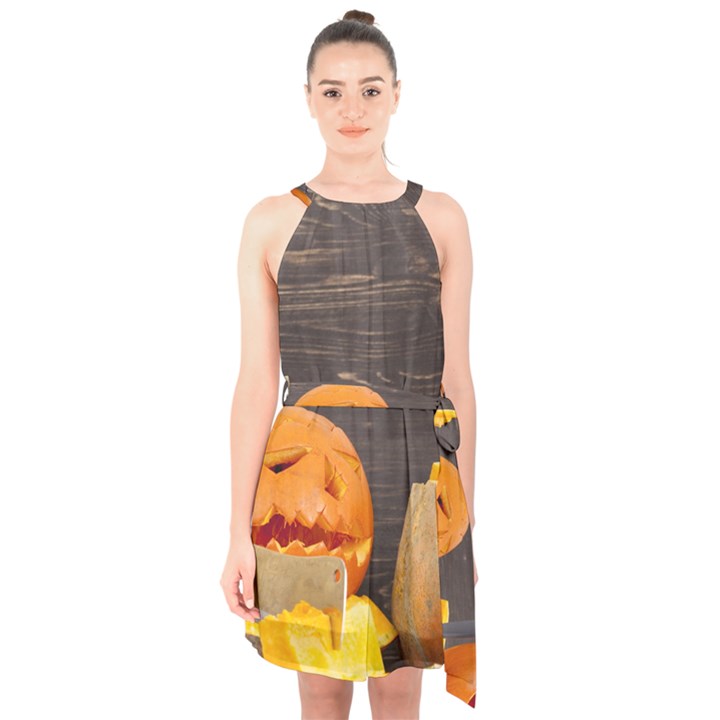 Old crumpled pumpkin Halter Collar Waist Tie Chiffon Dress