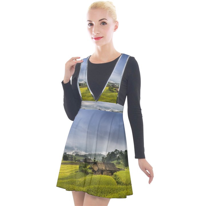 Vietnam Terraces Rice Silk Plunge Pinafore Velour Dress