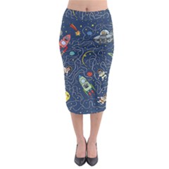 Cat Cosmos Cosmonaut Rocket Midi Pencil Skirt by Sudhe