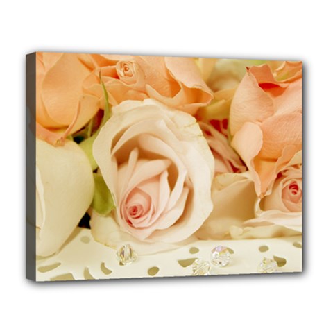 Roses Plate Romantic Blossom Bloom Canvas 14  X 11  (stretched) by Sudhe