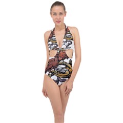 Transparent Background Bird Halter Front Plunge Swimsuit by Sudhe