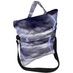 Thunder And Lightning Weather Clouds Painted Cartoon Fold Over Handle Tote Bag by Sudhe