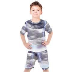 Thunder And Lightning Weather Clouds Painted Cartoon Kids  Tee And Shorts Set by Sudhe