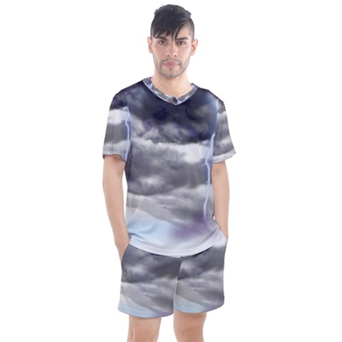 Thunder And Lightning Weather Clouds Painted Cartoon Men s Mesh Tee And Shorts Set by Sudhe