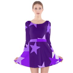 Purple Stars Pattern Shape Long Sleeve Velvet Skater Dress