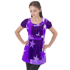 Purple Stars Pattern Shape Puff Sleeve Tunic Top