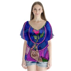 Enchanted Rose Stained Glass V-neck Flutter Sleeve Top by Sudhe