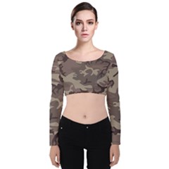 Camo Light Brown Velvet Long Sleeve Crop Top by retrotoomoderndesigns