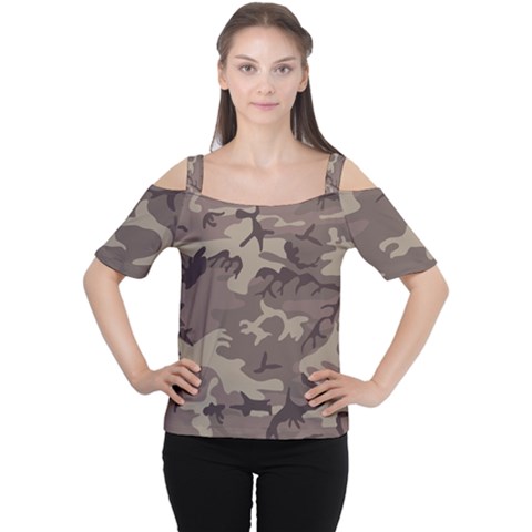 Camo Light Brown Cutout Shoulder Tee by retrotoomoderndesigns