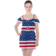 American Flag Ruffle Cut Out Chiffon Playsuit by Valentinaart