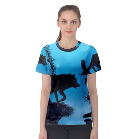 Awesome Black Wolf With Crow And Spider Women s Sport Mesh Tee by FantasyWorld7