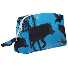 Awesome Black Wolf With Crow And Spider Wristlet Pouch Bag (large) by FantasyWorld7