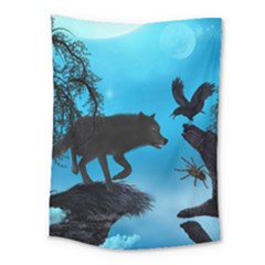 Awesome Black Wolf With Crow And Spider Medium Tapestry by FantasyWorld7