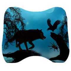 Awesome Black Wolf With Crow And Spider Velour Head Support Cushion by FantasyWorld7