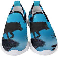 Awesome Black Wolf With Crow And Spider Kids  Slip On Sneakers by FantasyWorld7