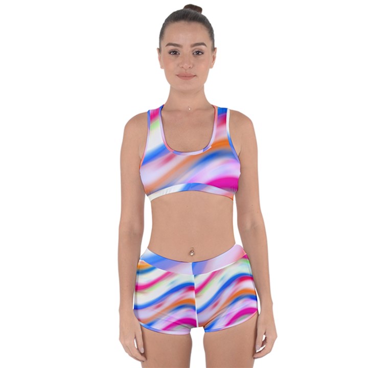 Vivid Colorful Wavy Abstract Print Racerback Boyleg Bikini Set