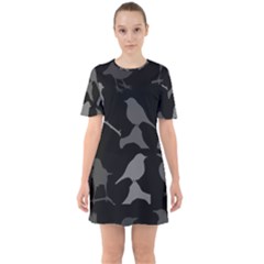 Bird Watching - Dark Grayscale - Sixties Short Sleeve Mini Dress by WensdaiAmbrose