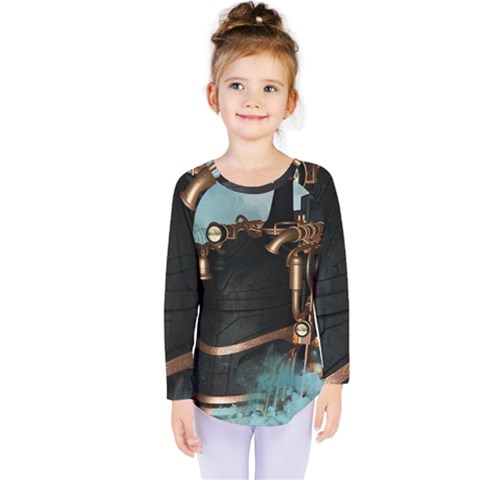 Spirit Of Steampunk, Awesome Train In The Sky Kids  Long Sleeve Tee by FantasyWorld7