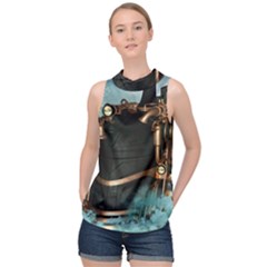 Spirit Of Steampunk, Awesome Train In The Sky High Neck Satin Top by FantasyWorld7