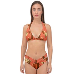 Amber Yellow Stripes Leaves Floral Double Strap Halter Bikini Set