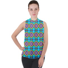 Abstract Colorful Unique Mock Neck Chiffon Sleeveless Top