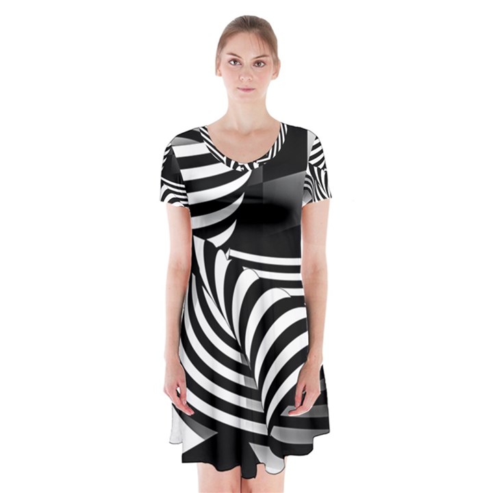 Op Art Black White Drawing Short Sleeve V-neck Flare Dress