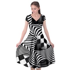 Op Art Black White Drawing Cap Sleeve Wrap Front Dress