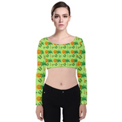 Holiday Tropical Smiley Face Palm Velvet Long Sleeve Crop Top by Pakrebo