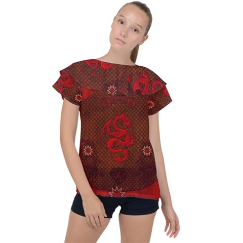 Awesome Chinese Dragon, Red Colors Ruffle Collar Chiffon Blouse by FantasyWorld7