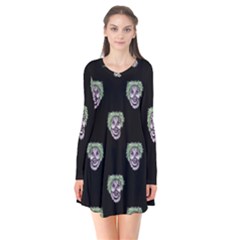 Creepy Zombies Motif Pattern Illustration Long Sleeve V-neck Flare Dress by dflcprintsclothing