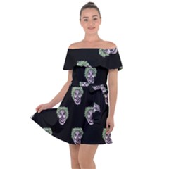 Creepy Zombies Motif Pattern Illustration Off Shoulder Velour Dress