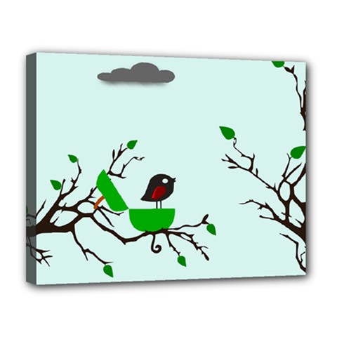 Birds Tree Animal Black Tree Green Canvas 14  X 11  (stretched) by Alisyart