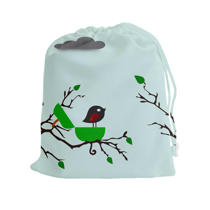 Birds Tree Animal Black Tree Green Drawstring Pouch (XXL)