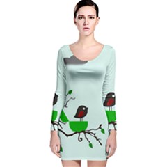 Birds Tree Animal Black Tree Green Long Sleeve Velvet Bodycon Dress