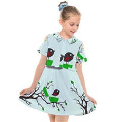 Birds Tree Animal Black Tree Green Kids  Short Sleeve Shirt Dress by Alisyart