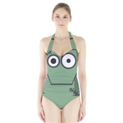 Cartoon Cute Frankenstein Halloween Halter Swimsuit by Sudhe