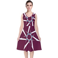 Star Sky Design Decor Red V-neck Midi Sleeveless Dress 